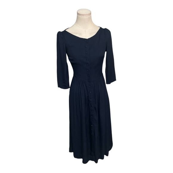 REFORMATION Adair Midi Dress Navy Blue Size 0 Button Up 3/4 Sleeves Work Party - Picture 3 of 10